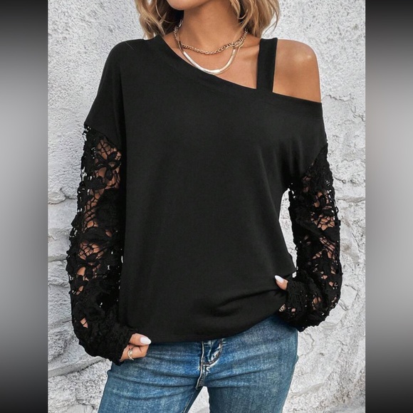 Boho lace sleeve asymmetrical neck blouse - Picture 2 of 6